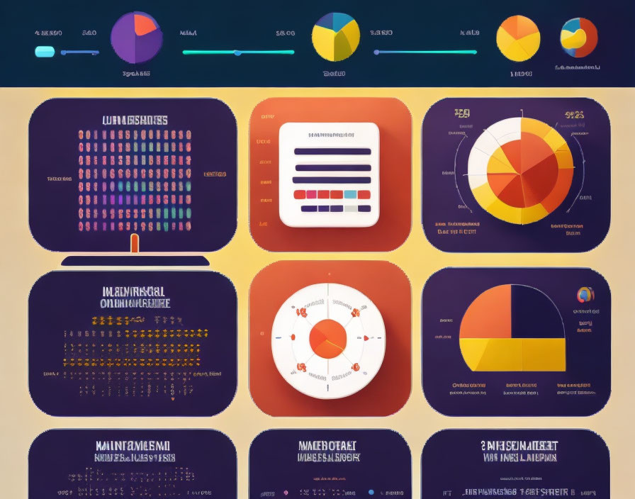 Colorful Infographic Elements: Bar Graphs, Pie Charts, Numeric Data, Icons on Dark Background