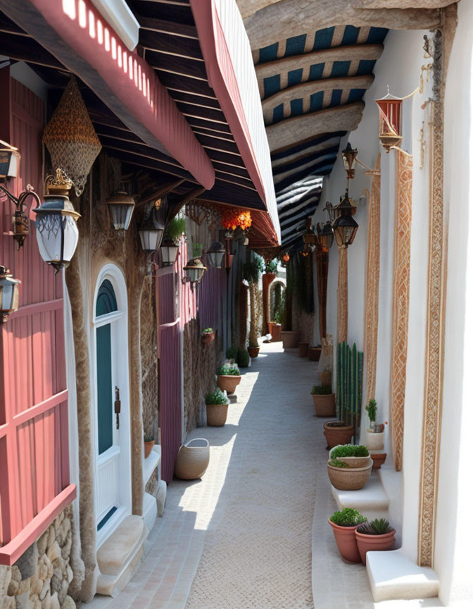 Outdoor alley with arches, patterned walls, plants, lanterns, and covered walkway reflecting