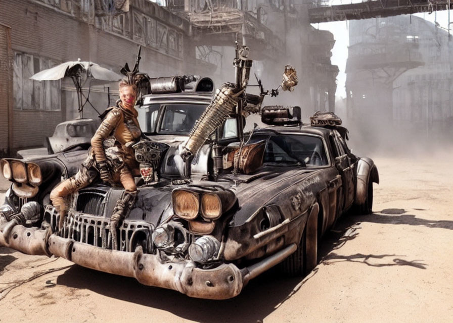 Post-apocalyptic costume on modified car in dusty environment with ruins