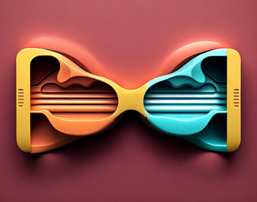 Asymmetrical colorful sunglasses on red background, orange and blue lenses, wavy patterns