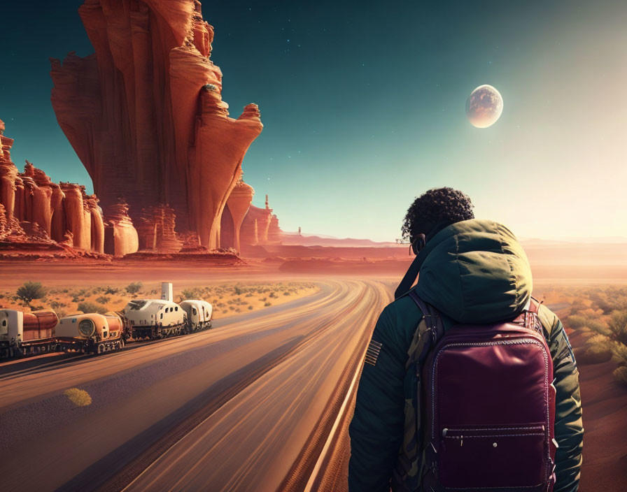 Backpacker on desert road watching trailers under twilight sky