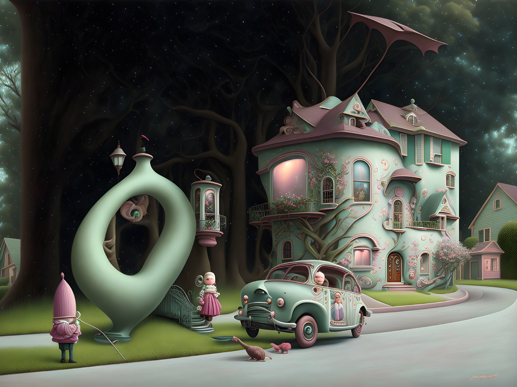 Vintage green car parked by house with giant snail shell - whimsical night scene.