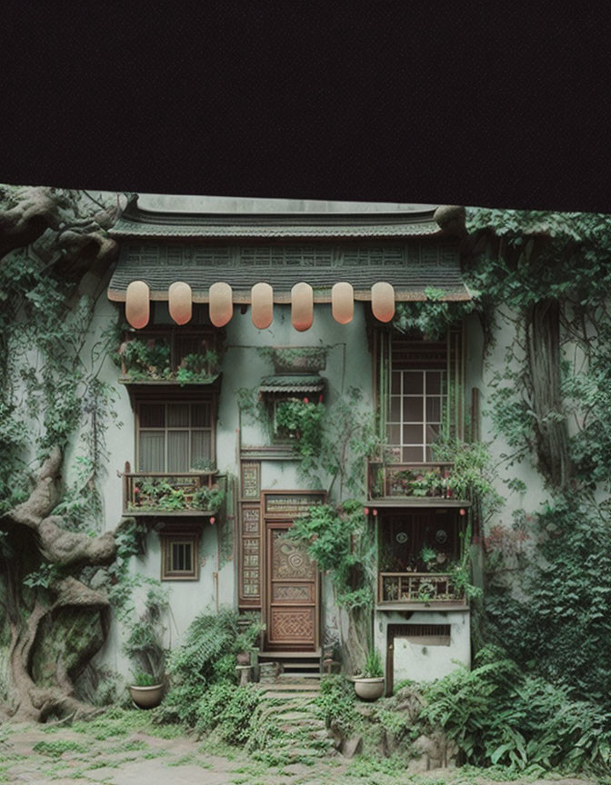 Classic two-story house with greenery, wooden door, and red lanterns