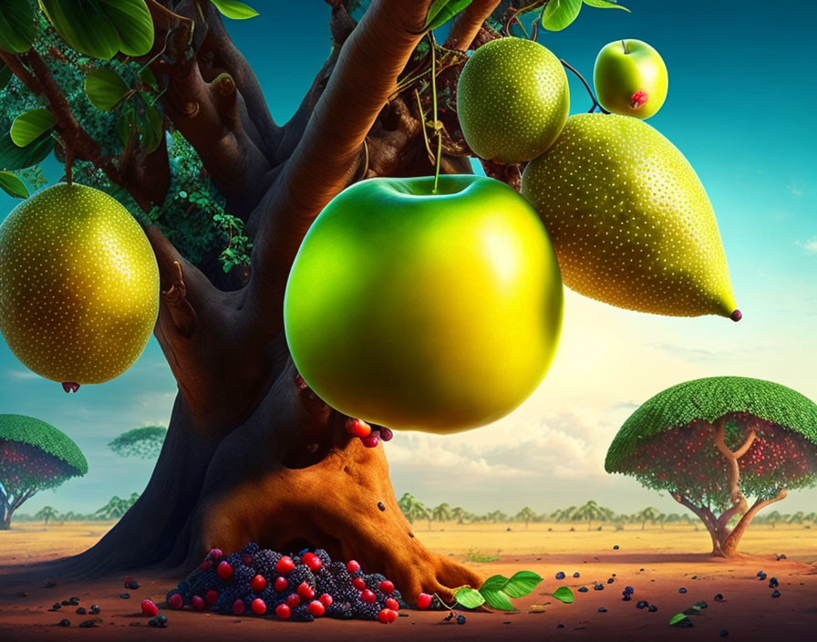 Colorful landscape with oversized fruits in vibrant setting