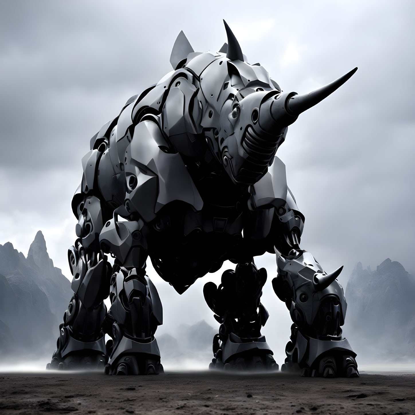 Mechanical rhinoceros with armor plating in barren landscape