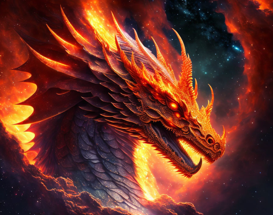 Fiery dragon with glowing eyes against cosmic backdrop