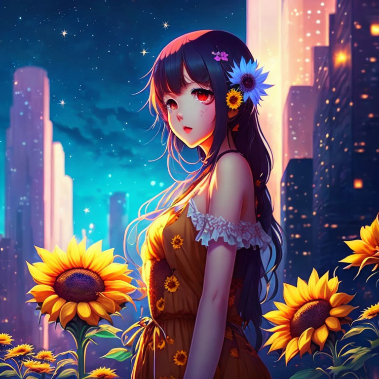 Blue-Haired Anime Girl in Sunflower Dress with Night City Background