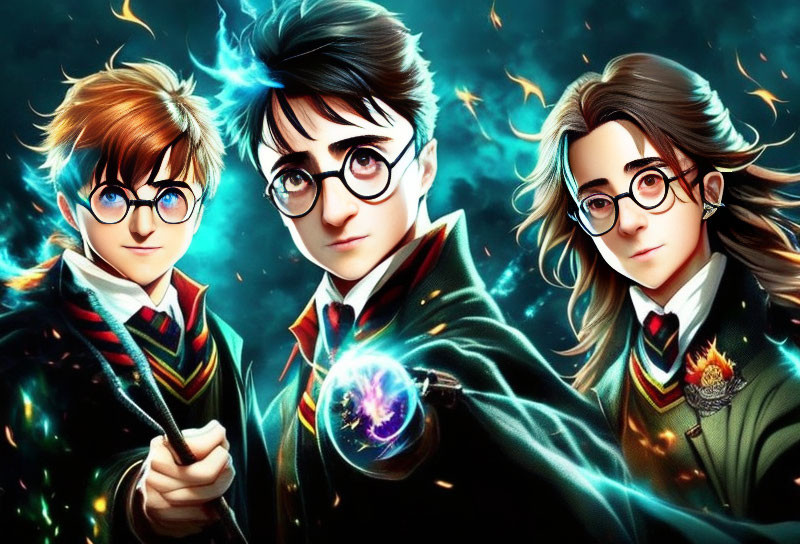 Animated young wizards casting spells with wands in school uniforms and scarves