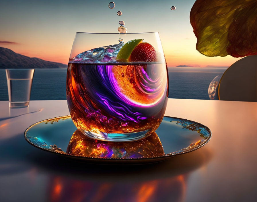 Colorful Cocktail on Mirrored Tray with Ocean Sunset Background