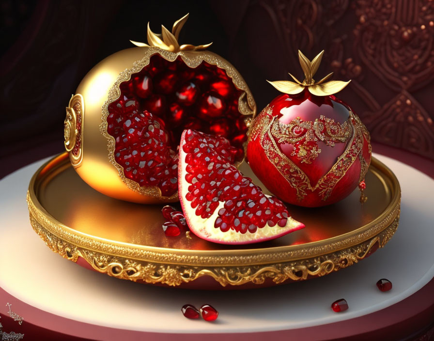 Golden Ornaments and Red Pomegranates on Decorative Plate with Ornate Background