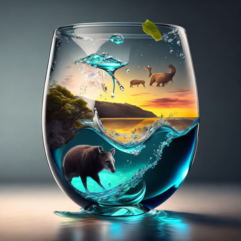 Surreal nature artwork featuring glass, water, badger, and whimsical elements