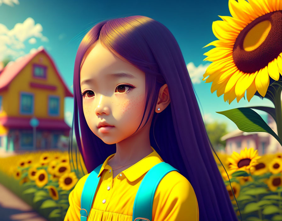 Young girl in yellow dress in sunflower field with colorful house