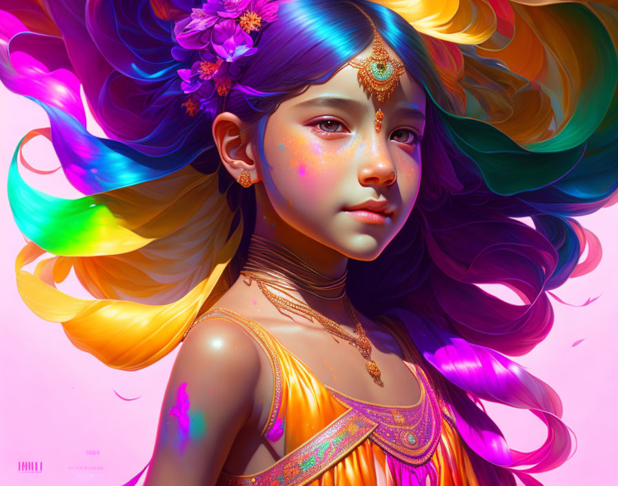 Colorful digital artwork: Young girl with rainbow hair and Indian-inspired attire