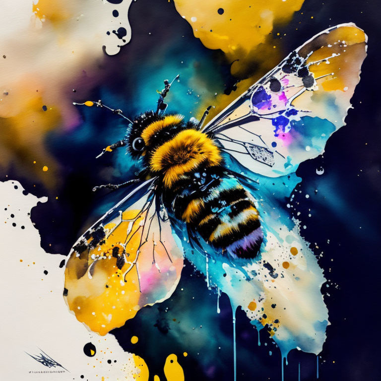 Colorful Watercolor Painting of Bee with Cosmic Background