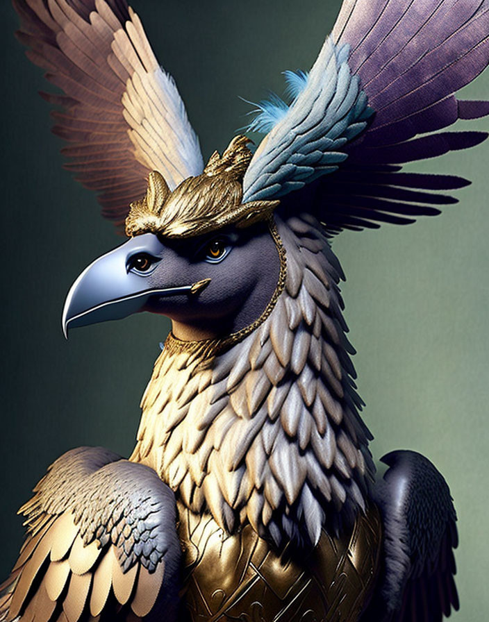 Anthropomorphic eagle in golden armor and crown with intricate feathers.