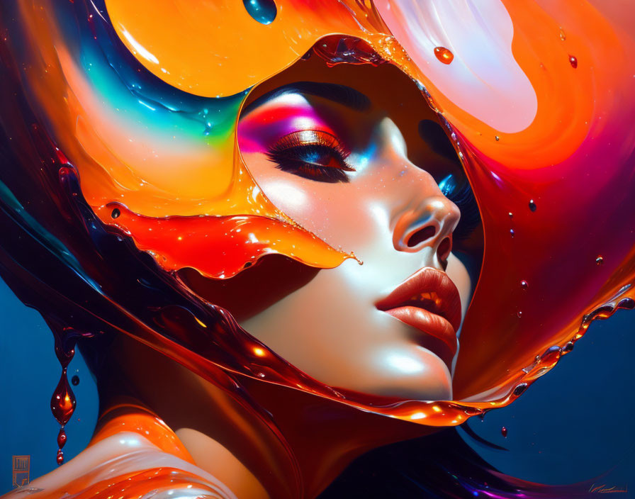 Colorful digital artwork of woman's face with liquid colors and glossy textures