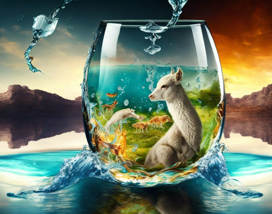 Surreal glass water spill with mini landscape, fox, and koi fish