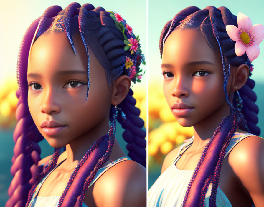 Girl with Purple Braided Hair and Flower in Yellow Floral Setting