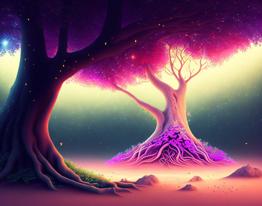 Illustration: Intertwined trees with purple and pink foliage under starry sky