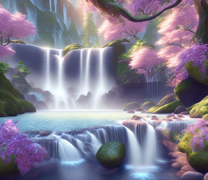 Tranquil pond with cascading waterfalls and pink trees