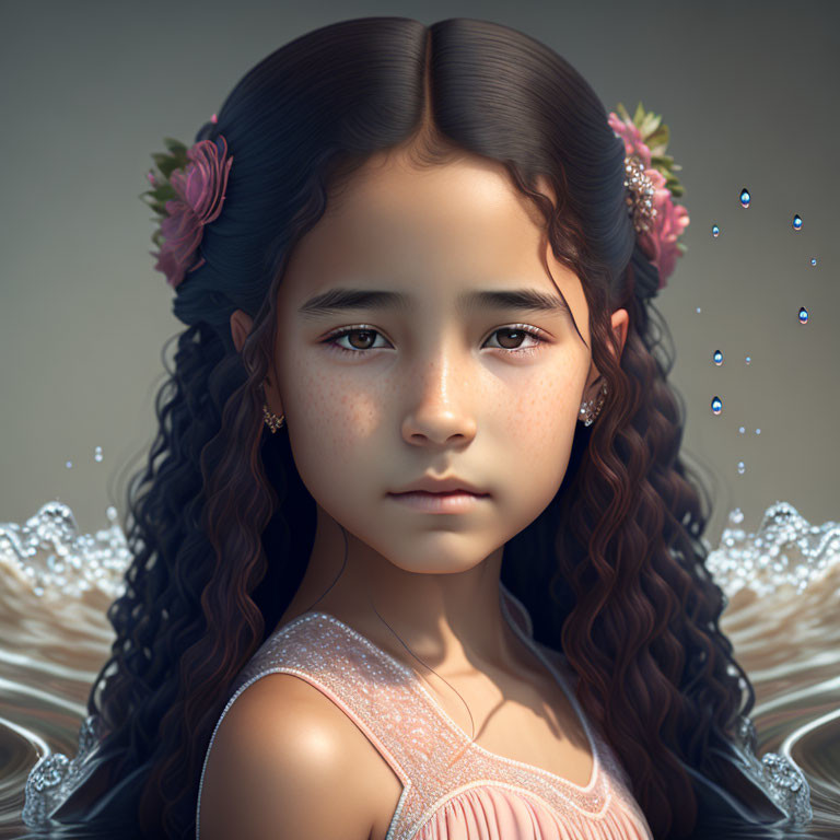 Digital portrait of young girl with long curly hair, freckles, flowers, pink dress, blue