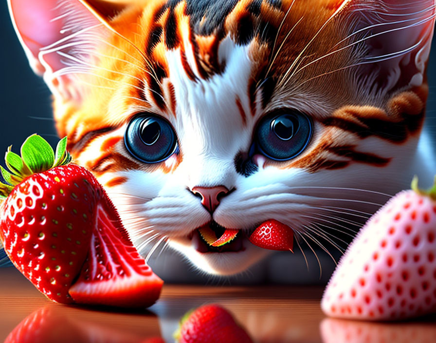 Colorful digital art: whimsical kitten nibbling on strawberries