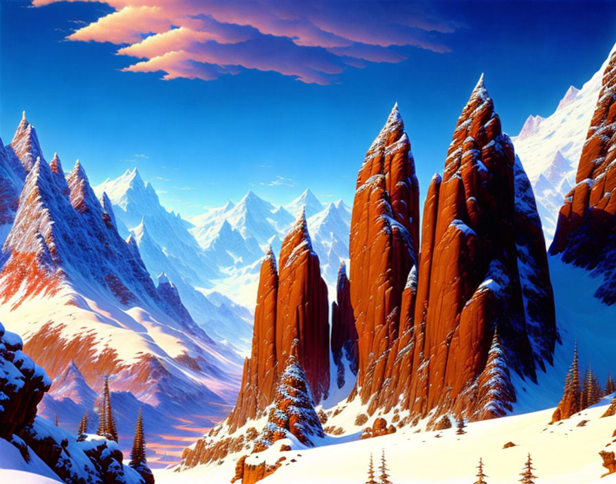 Colorful fantasy landscape with red rock formations and snowy peaks under a blue sky.