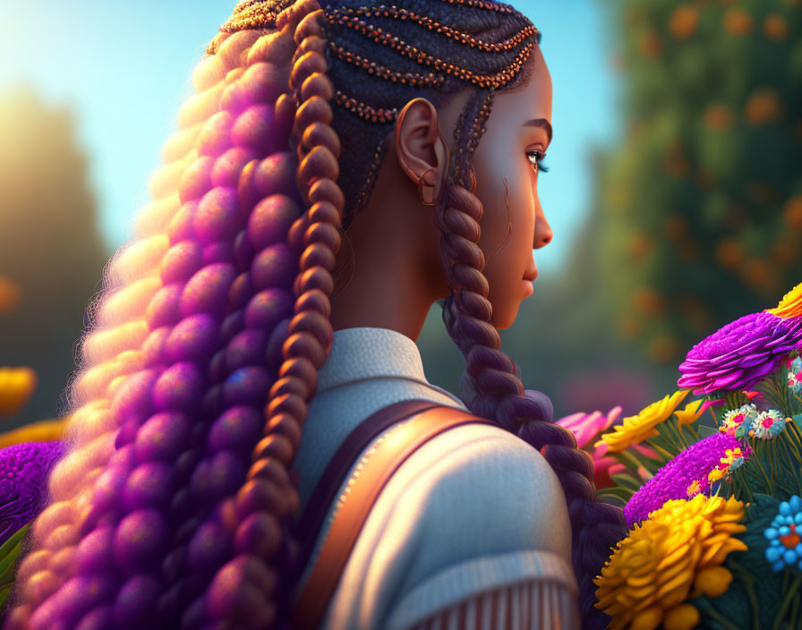 3D-rendered image: Woman with purple braids in floral sunlit scene