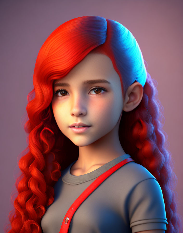 Digital art portrait of girl with red wavy hair and brown eyes wearing grey shirt with red strap.