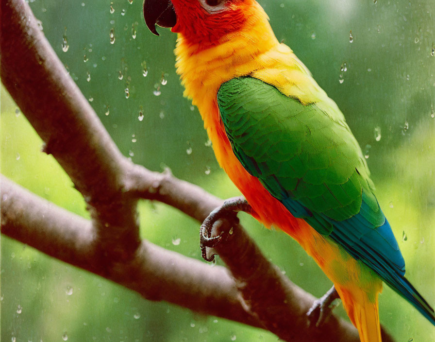 Vibrant parrot on branch behind raindrop-speckled glass, green backdrop