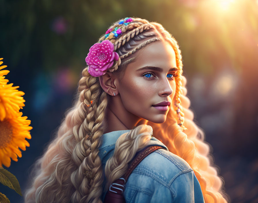 Braided Hair Woman in Sunlit Garden with Sunflowers