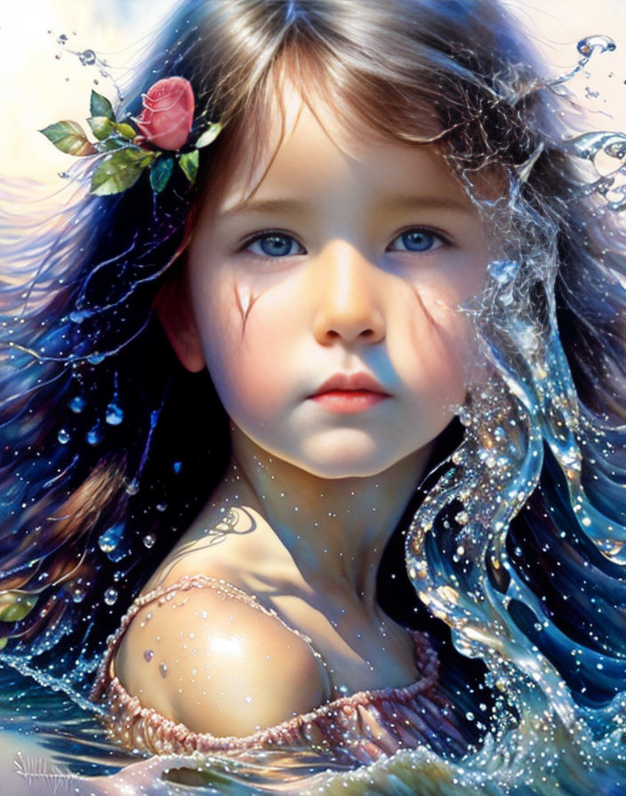 Digital Artwork: Young Girl with Blue Eyes and Flower in Hair, Surrounded by Water Splashes