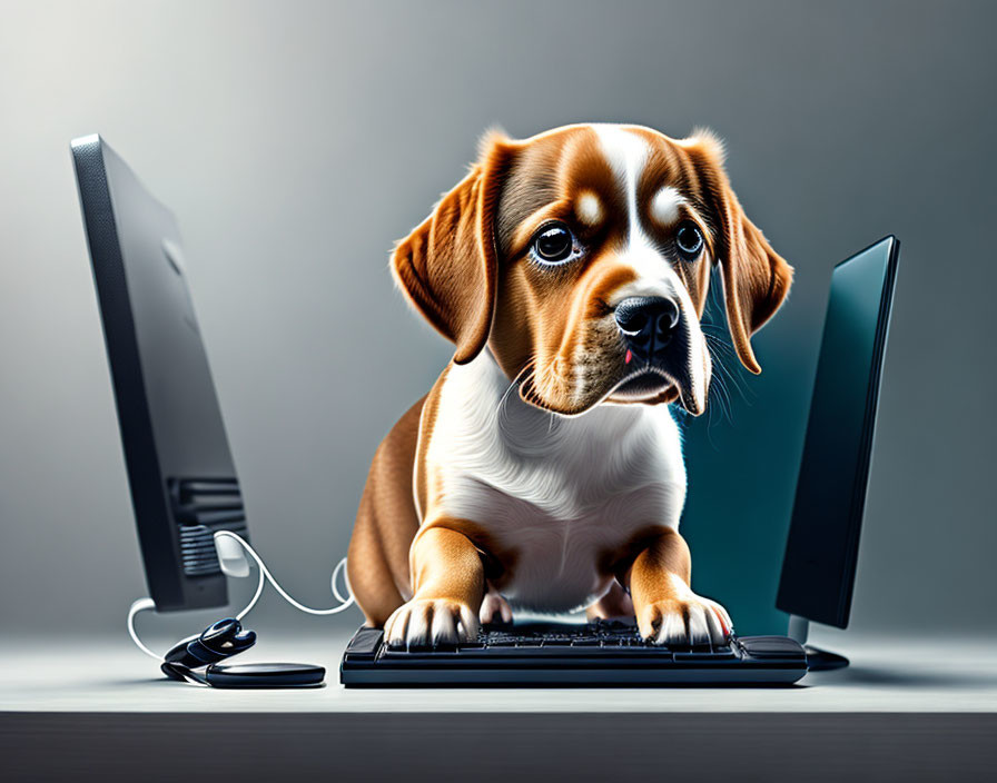 Cartoonish Dog Using Computer Keyboard and Mouse on Grey Background