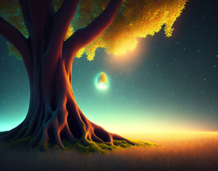 Majestic tree with luminous foliage under starry sky and glowing orb above grassy field