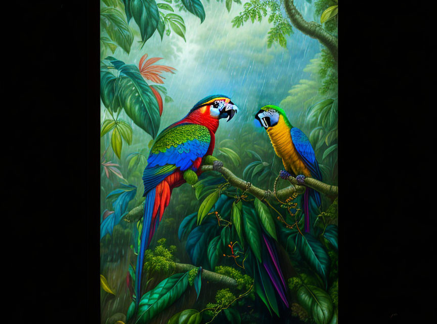 Vibrant Parrots Perched in Green Jungle with Light Rain