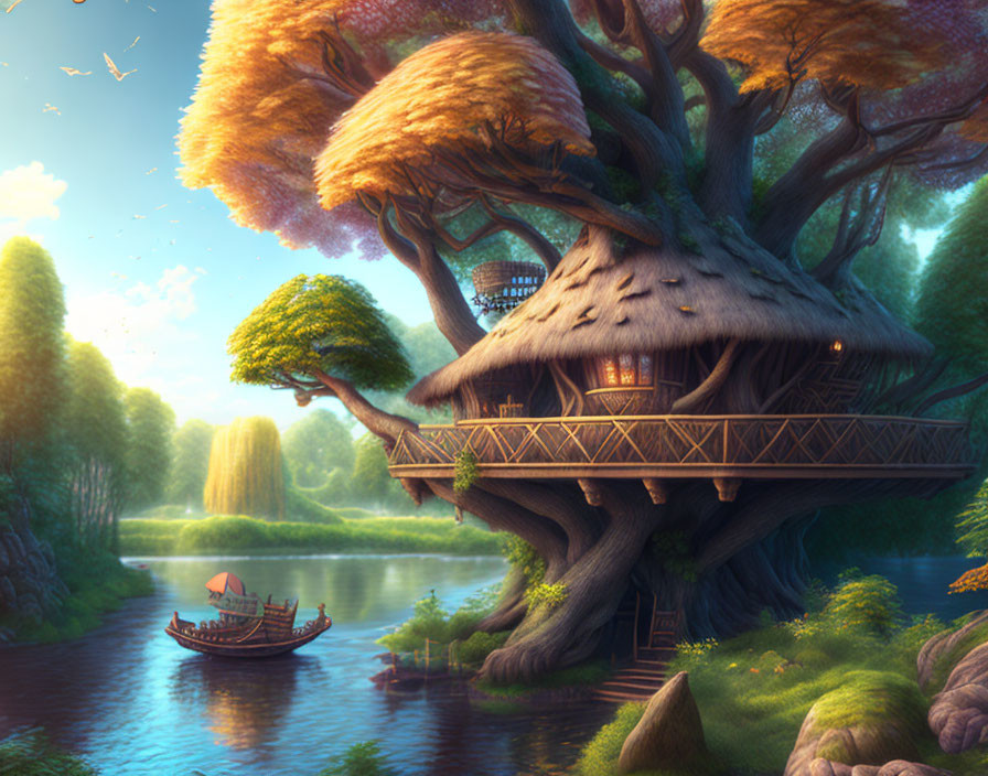 Fantastical Treehouse with Golden Foliage by Serene River