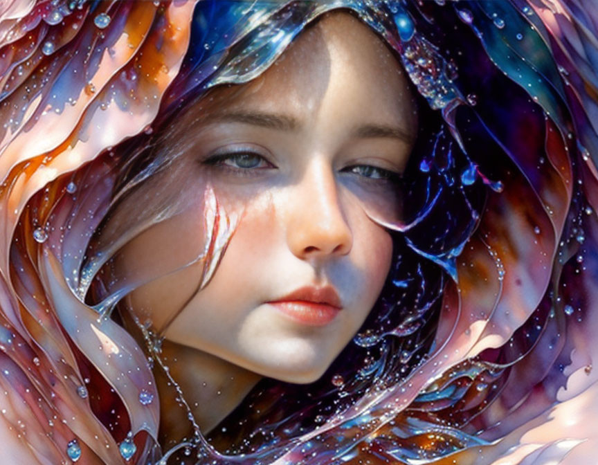 Serene young woman in colorful, iridescent swirls and water droplets