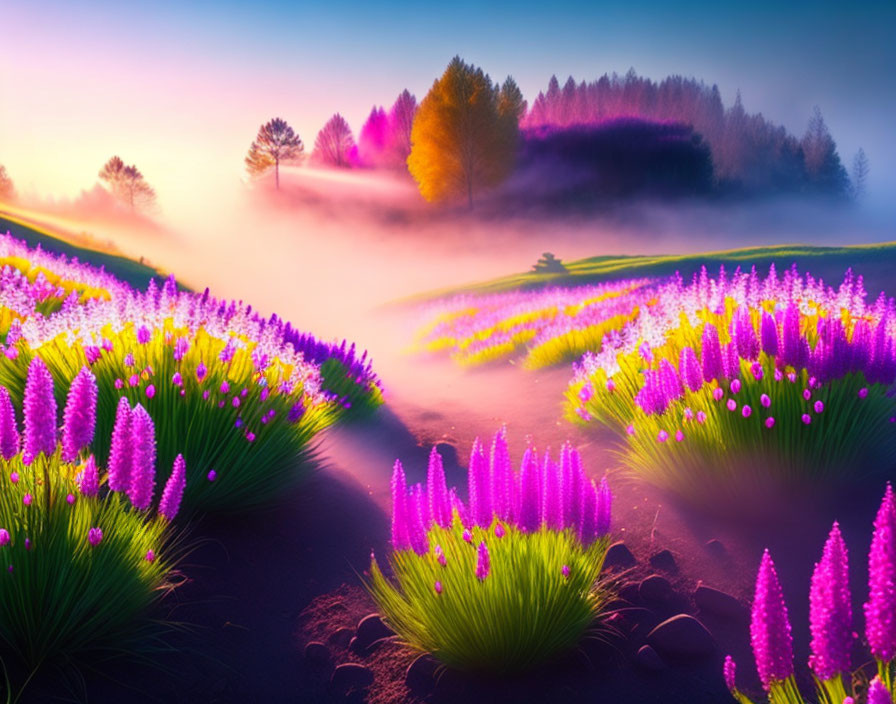 Twilight landscape with purple flowers, misty field, and colorful trees