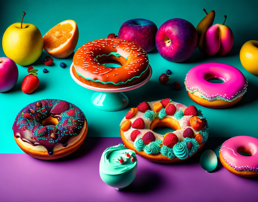 Colorful Donuts and Fresh Fruits Still Life on Teal and Pink Background