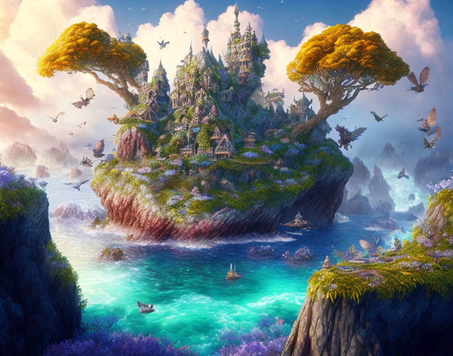 Mystical floating island with castle, lush trees, waterfalls, and turquoise sea