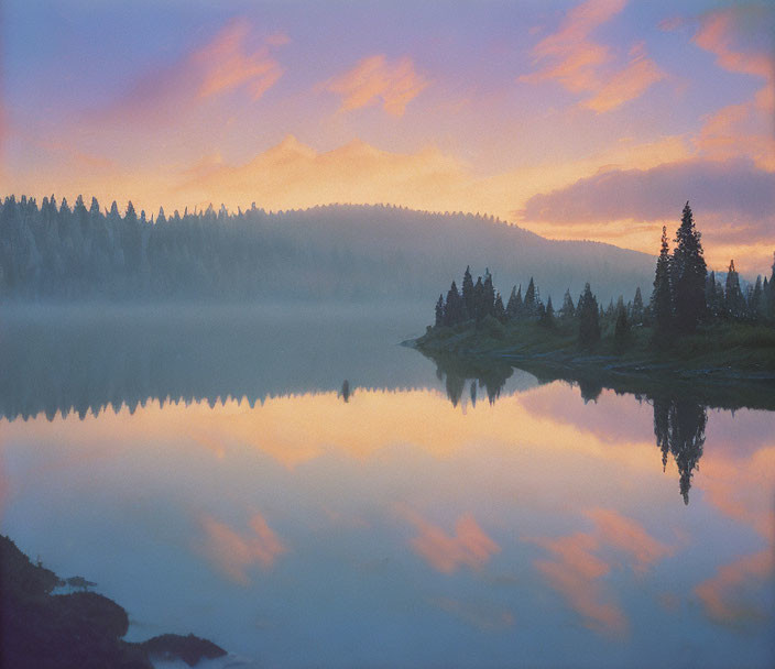 Twilight scene: serene lake, pastel skies, silhouetted pine trees, mist over