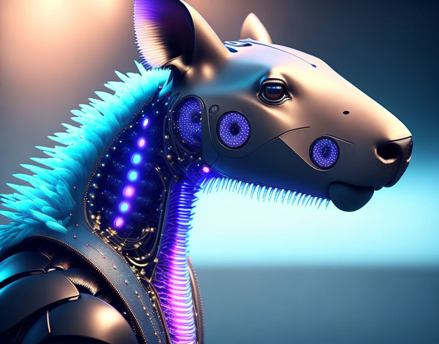 Futuristic robotic animal with sleek black body and blue illuminated accents