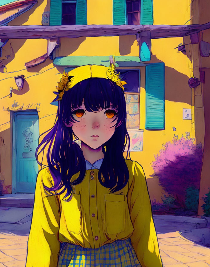 Girl with Amber Eyes and Black Hair Standing by Yellow House with Blue Shutters