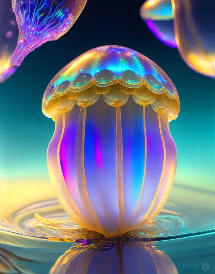 Colorful digital artwork: Jellyfish with iridescent body floating above water.