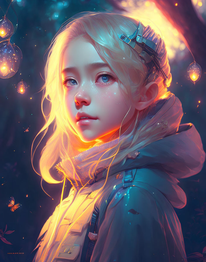 Blonde Girl with Blue Eyes Surrounded by Glowing Orbs and Fireflies