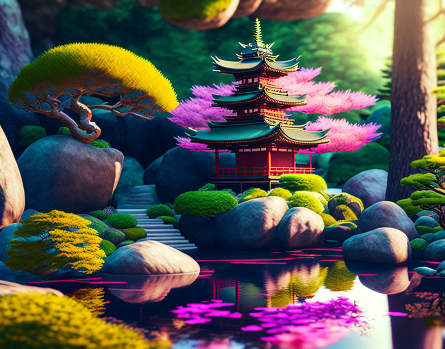 Serene forest scene with pagoda, colorful trees, mossy rocks, and calm pond