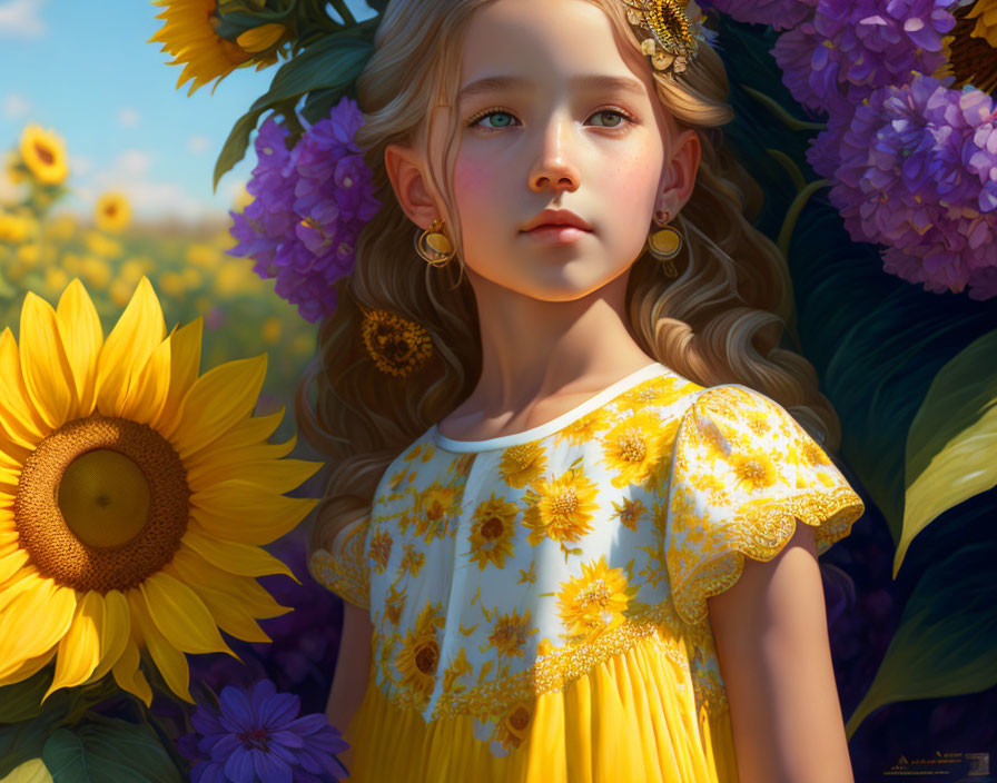 Detailed digital artwork: Young girl in yellow dress surrounded by sunflowers and purple flowers