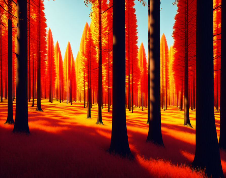 Sunlit forest with red-orange light and tall trees