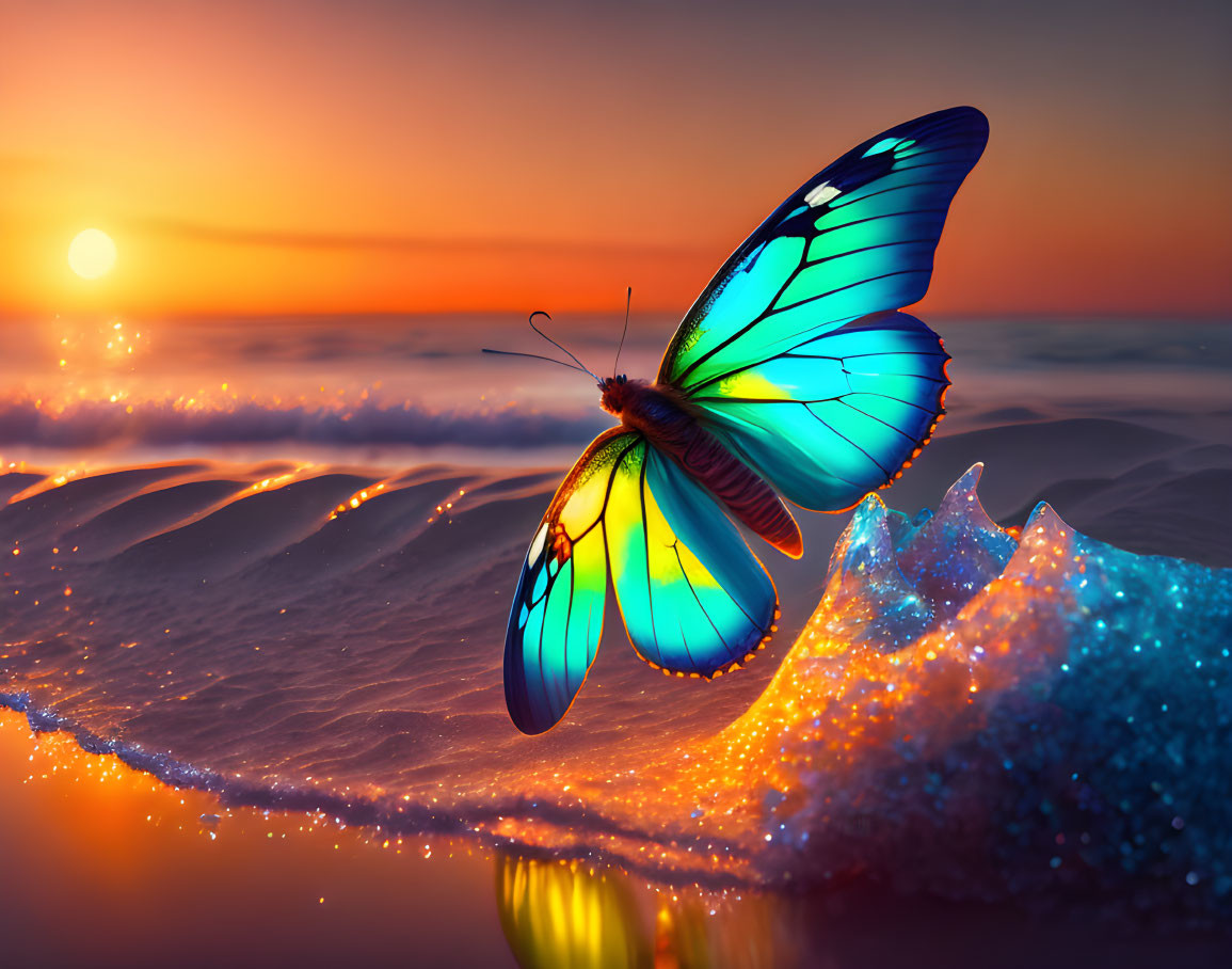 Colorful Butterfly on Sparkling Shore at Sunset Ocean