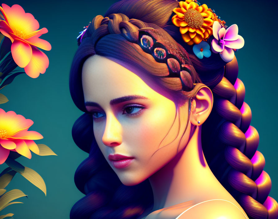 Colorful Flower-Adorned Woman with Braided Hair in Vibrant Floral Setting